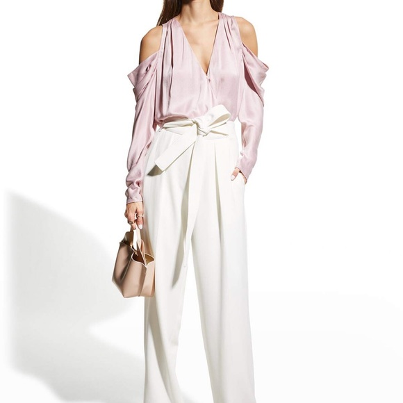 Jonathan Simkhai Pink Remington Silk V-Neck Cold Shoulder Blouse - Picture 2 of 9